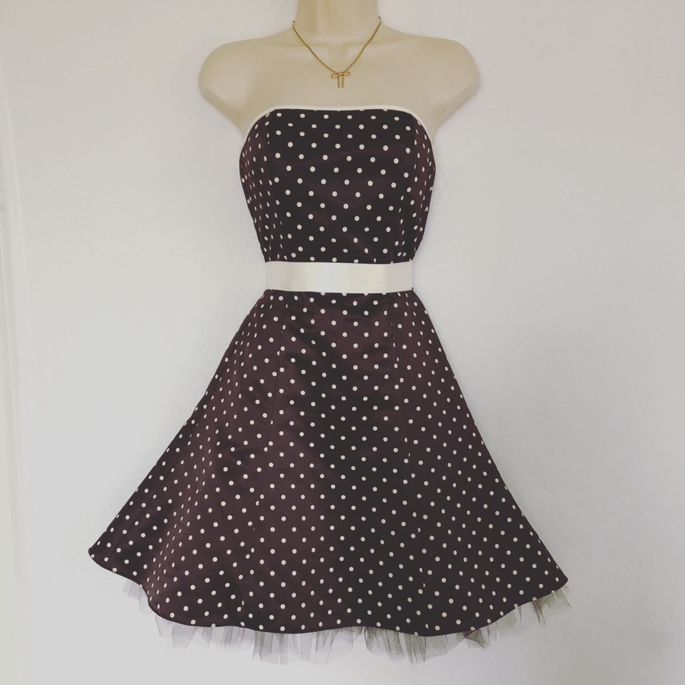 Jessica McClintock Strapless Polka Dot Dress - Brown and White